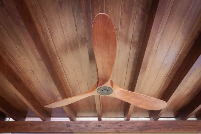Vigas y ventilador sobre las tumbonas